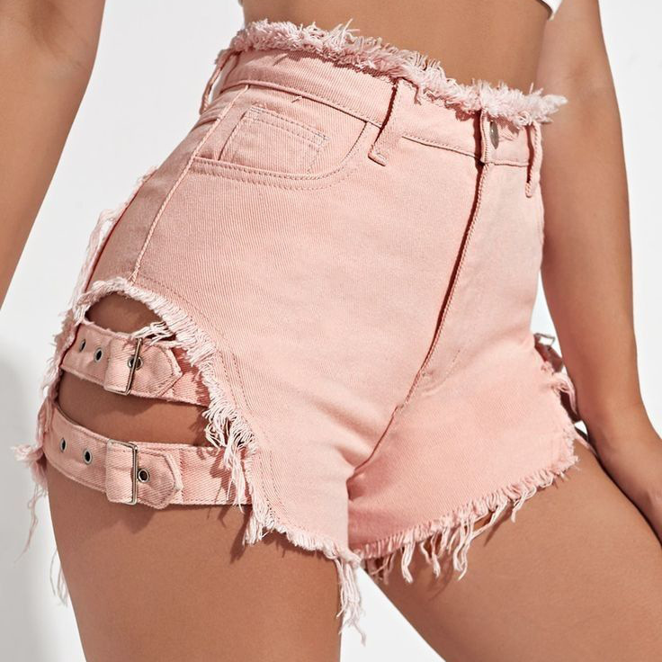 女性ハイウエストデニムショートパンツダメージ加工裾夏カジュア - Denim Shorts Women のレビューと価格