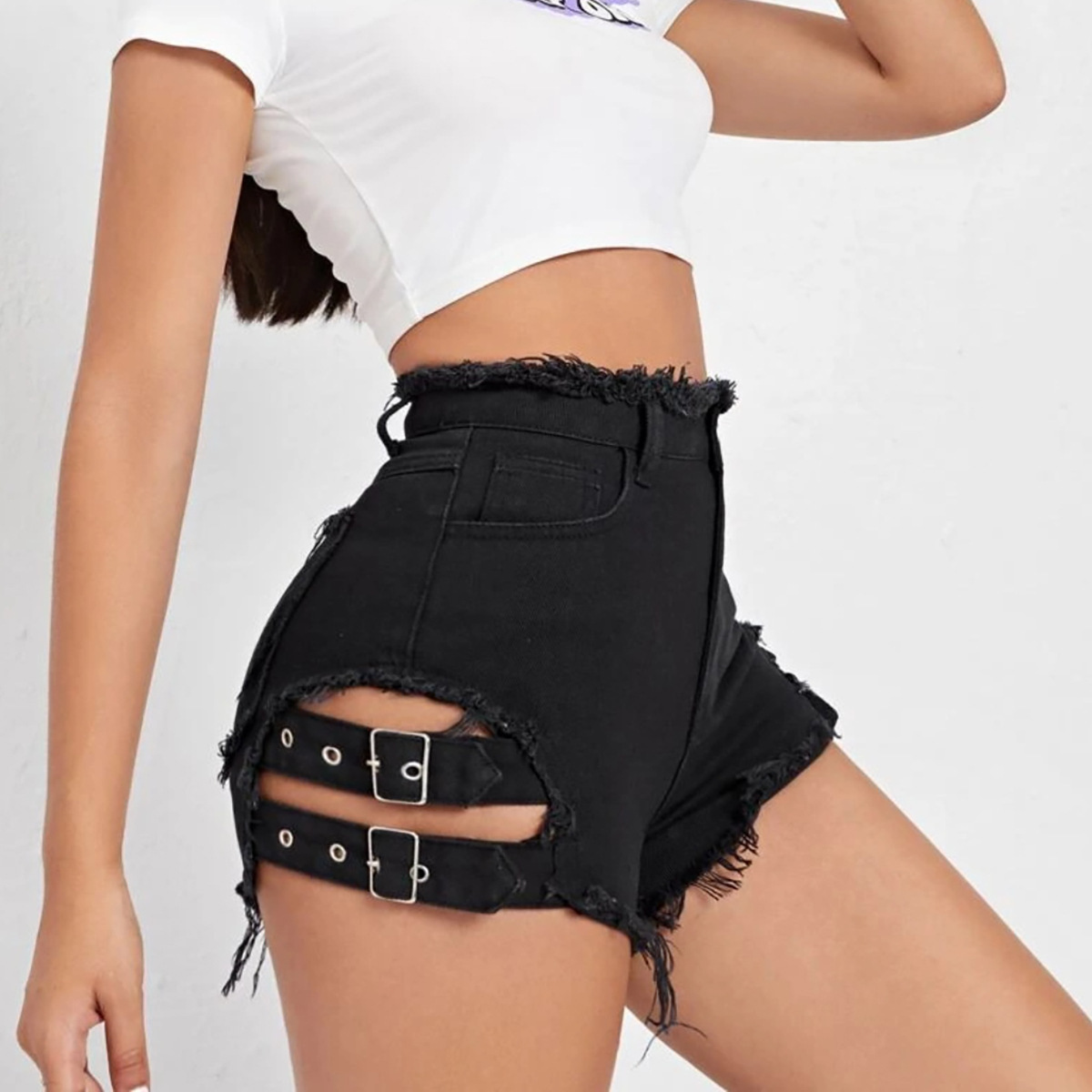 女性ハイウエストデニムショートパンツダメージ加工裾夏カジュア - Denim Shorts Women のレビューと価格