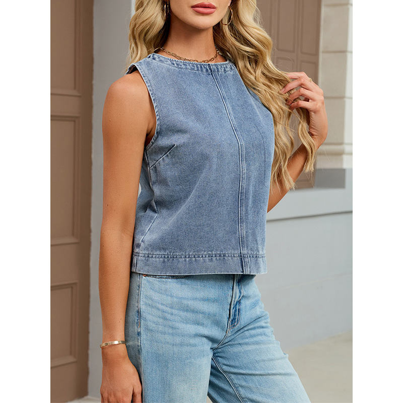 Benuynffy カジュアルラウンドネックデニムベスト女性 - Women Fashion Vest のレビューと価格