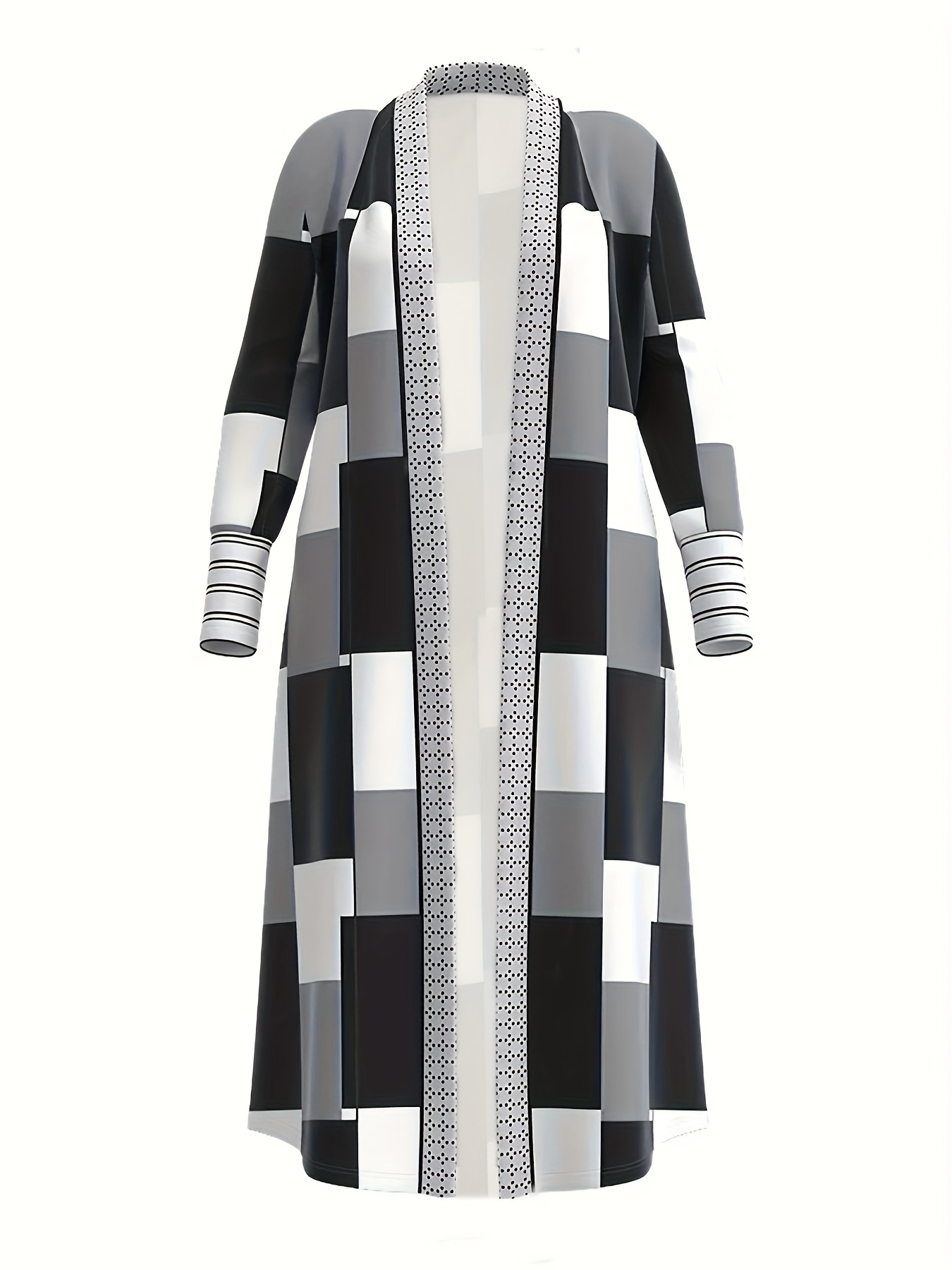 女性用プラスサイズロング着物カーディガン、幾何学模様チェック - Kimono Cardigan Women のレビューと価格