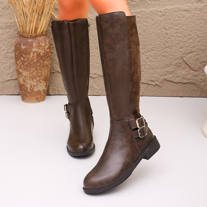 ファッションバックルブラウンPUレザーライディングブーツ女性 - Women'S Fashion Leather Boots のレビューと価格
