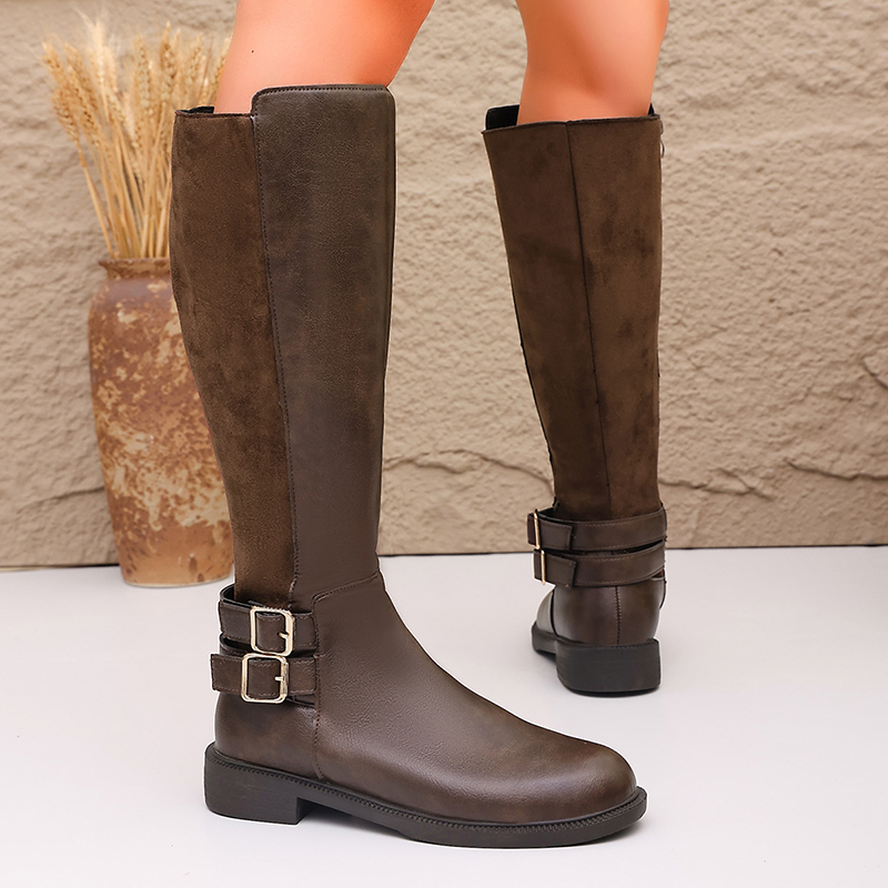 ファッションバックルブラウンPUレザーライディングブーツ女性 - Women'S Fashion Leather Boots のレビューと価格