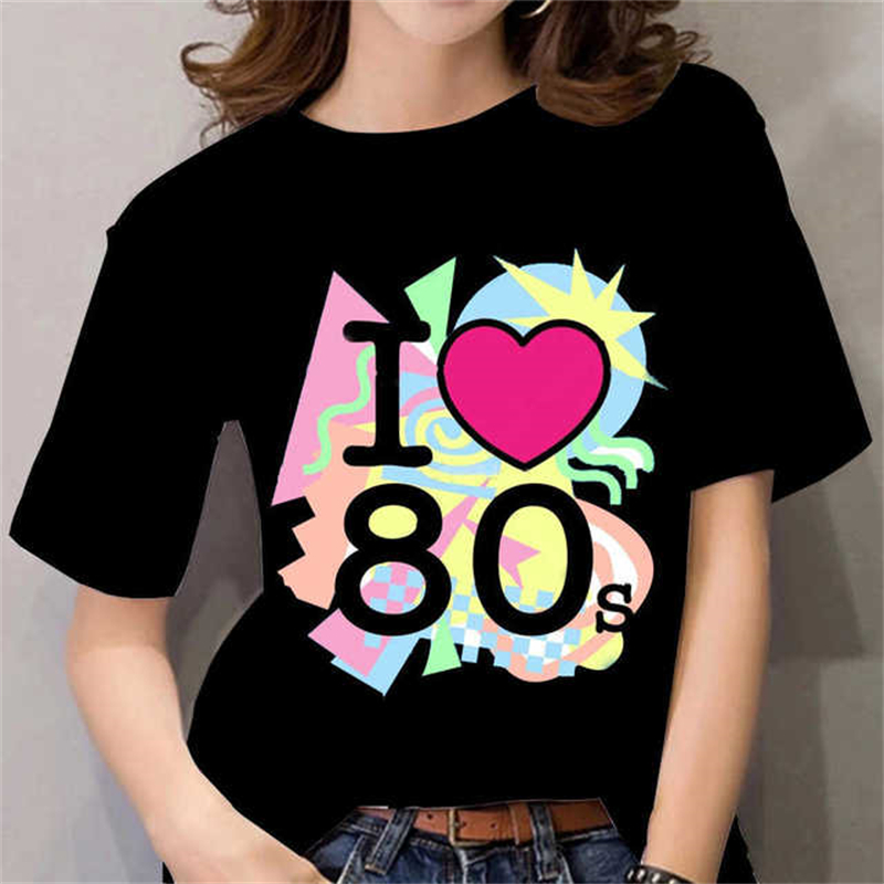 80年代レディースTシャツ女性用黒/白ショートスリープトップ - Women Fashion 80S のレビューと価格