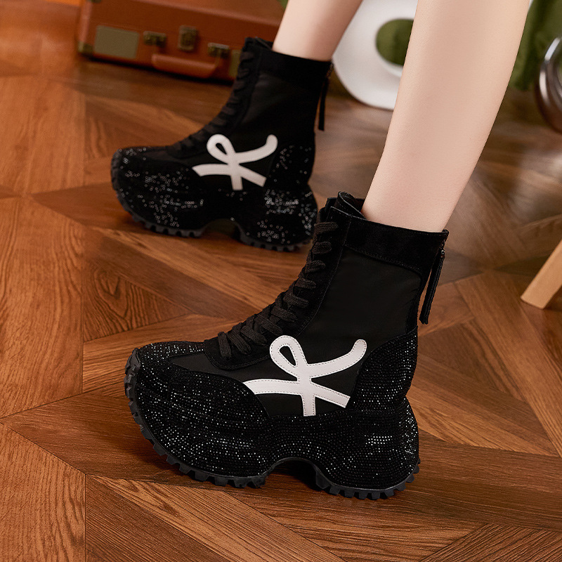 女性の厚い底ハイトップファッションブーツ秋の新コンフォートレ - Women'S Fashion Leather Boots のレビューと価格