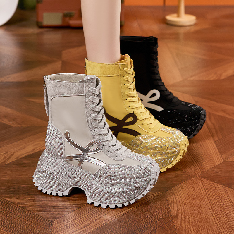女性の厚い底ハイトップファッションブーツ秋の新コンフォートレ - Women'S Fashion Leather Boots のレビューと価格