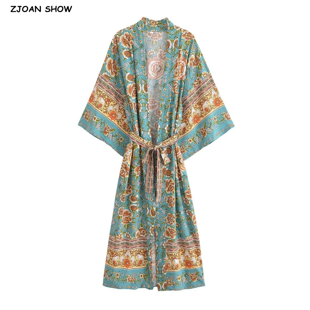 緑の花柄の女性用着物シャツ,自由奔放に生きるスリット,バット - Kimono Cardigan Women のレビューと価格