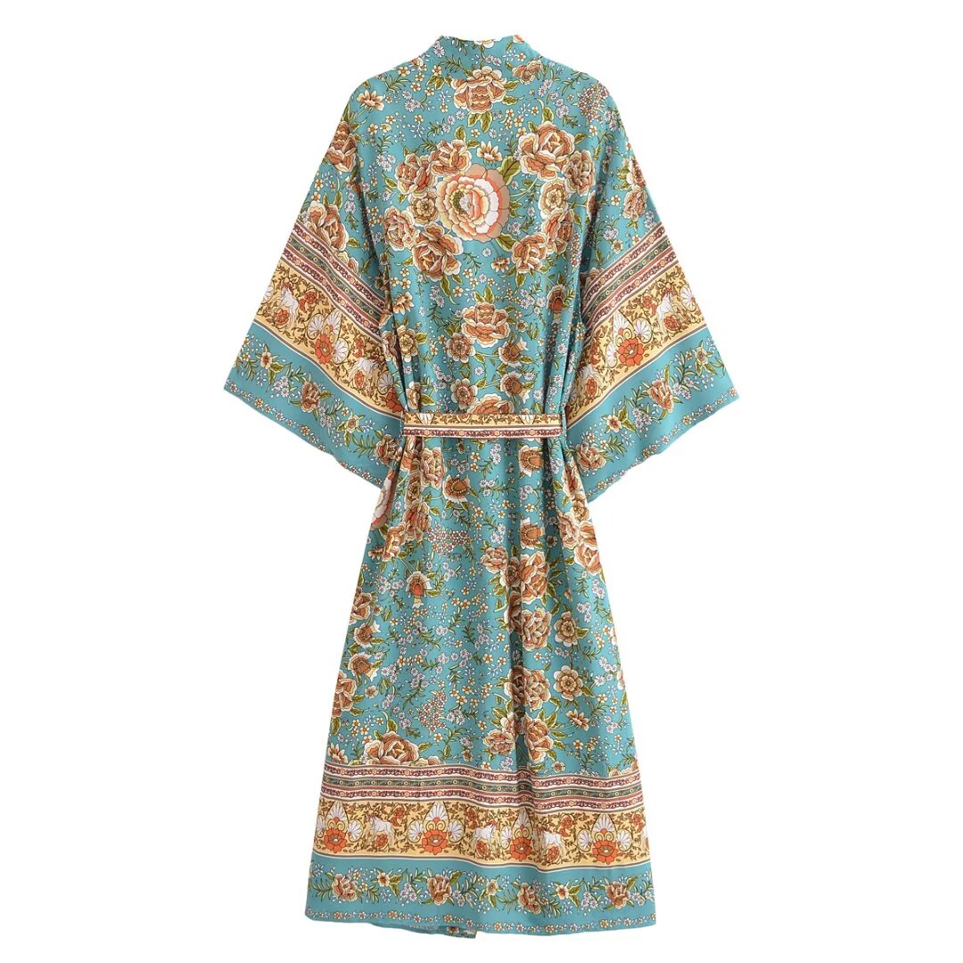 緑の花柄の女性用着物シャツ,自由奔放に生きるスリット,バット - Kimono Cardigan Women のレビューと価格