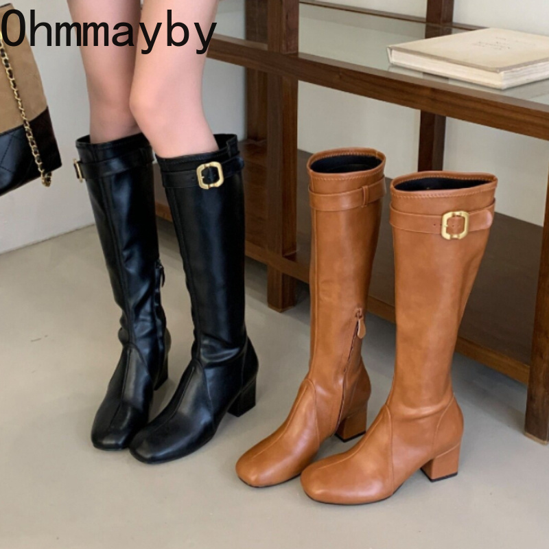 レディースレトロスクエアトゥニーハイブーツメタルバックルブロ - Women'S Fashion Leather Boots のレビューと価格