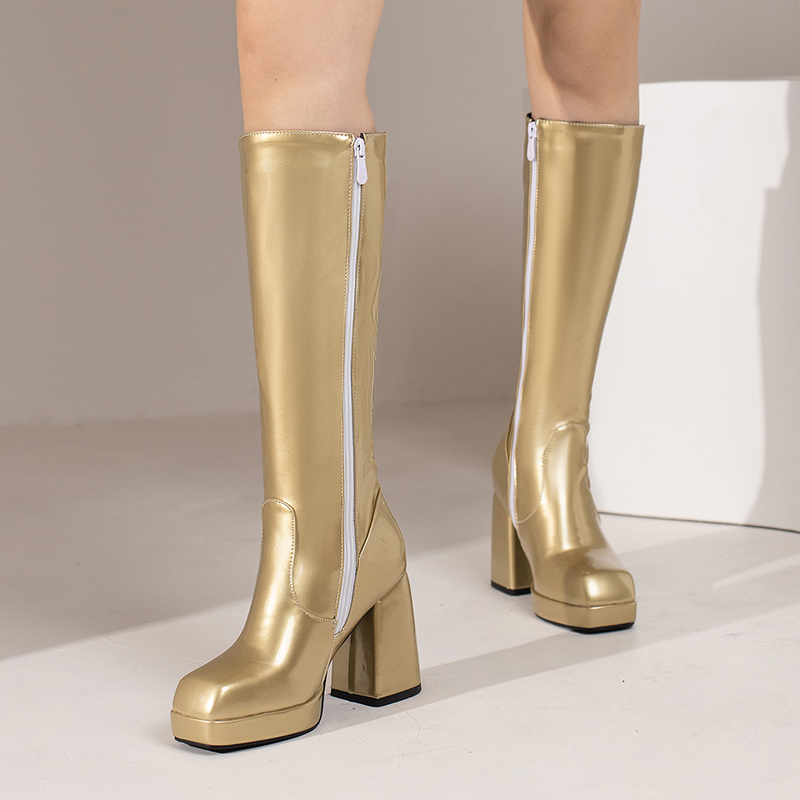 女性用パテントレザーニーハイブーツ,ヒールブロック,スクエア - Women'S Fashion Leather Boots のレビューと価格