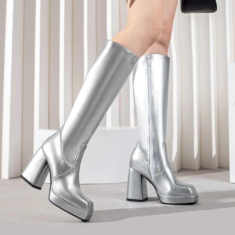 女性用パテントレザーニーハイブーツ,ヒールブロック,スクエア - Women'S Fashion Leather Boots のレビューと価格