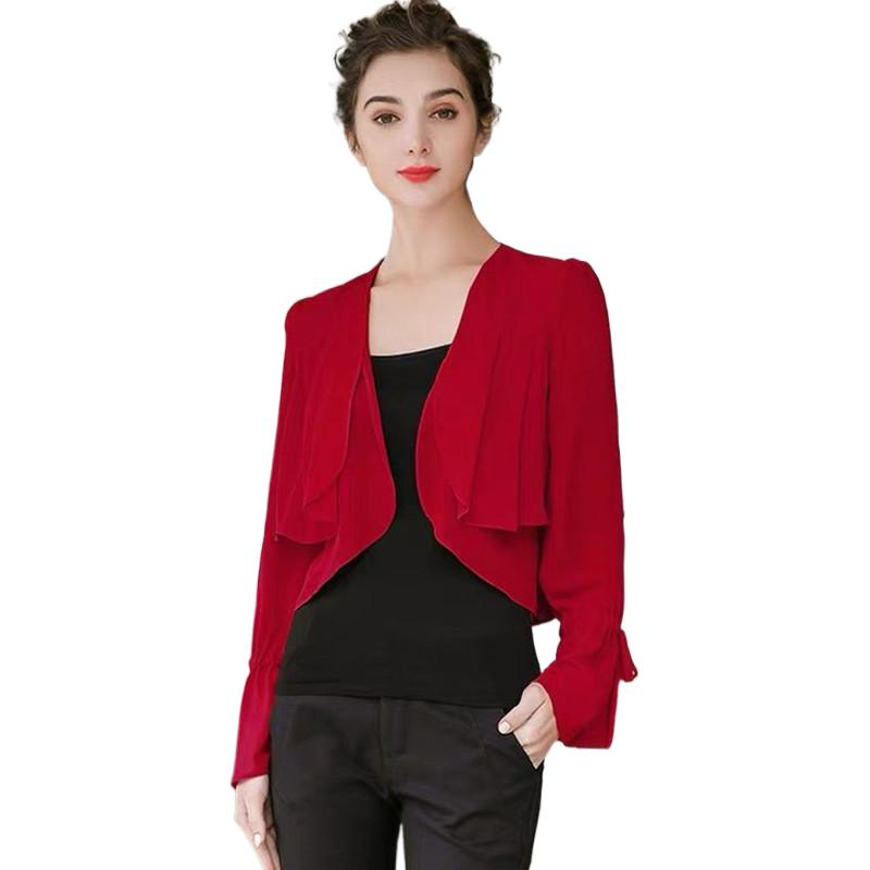女性用フリル袖薄手シフォンコート、スリムオフィス着物カーディ - Kimono Cardigan Women のレビューと価格