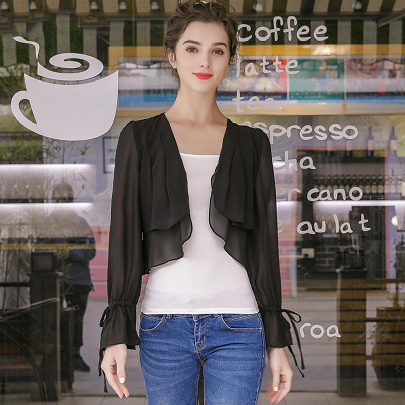 女性用フリル袖薄手シフォンコート、スリムオフィス着物カーディ - Kimono Cardigan Women のレビューと価格