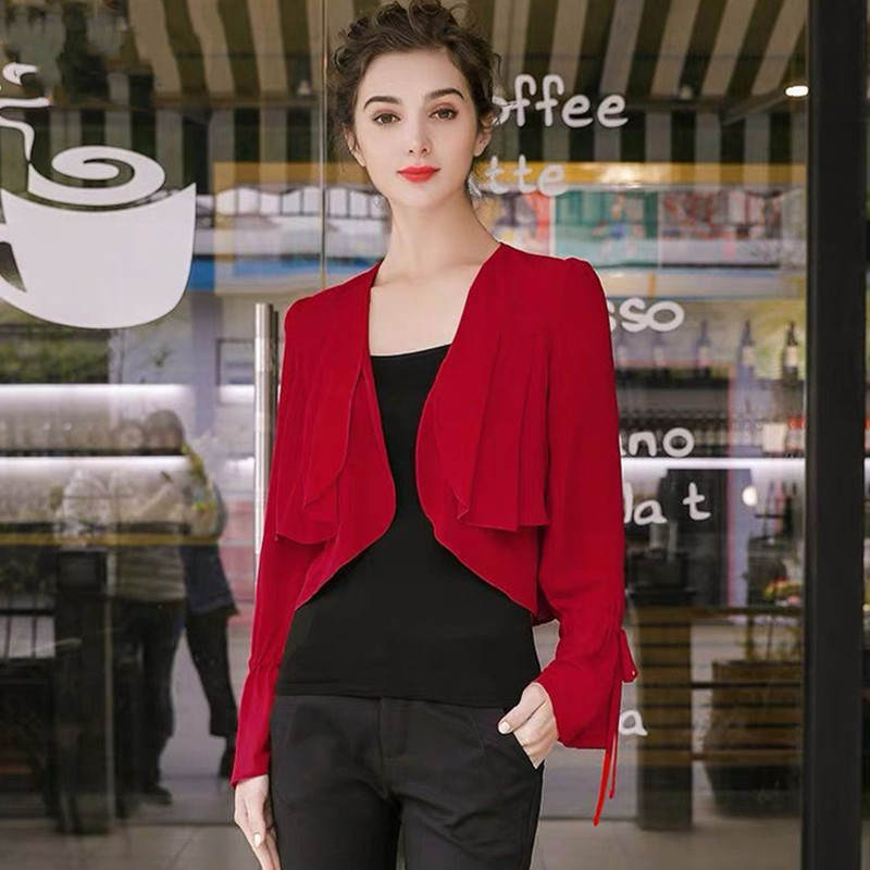 女性用フリル袖薄手シフォンコート、スリムオフィス着物カーディ - Kimono Cardigan Women のレビューと価格